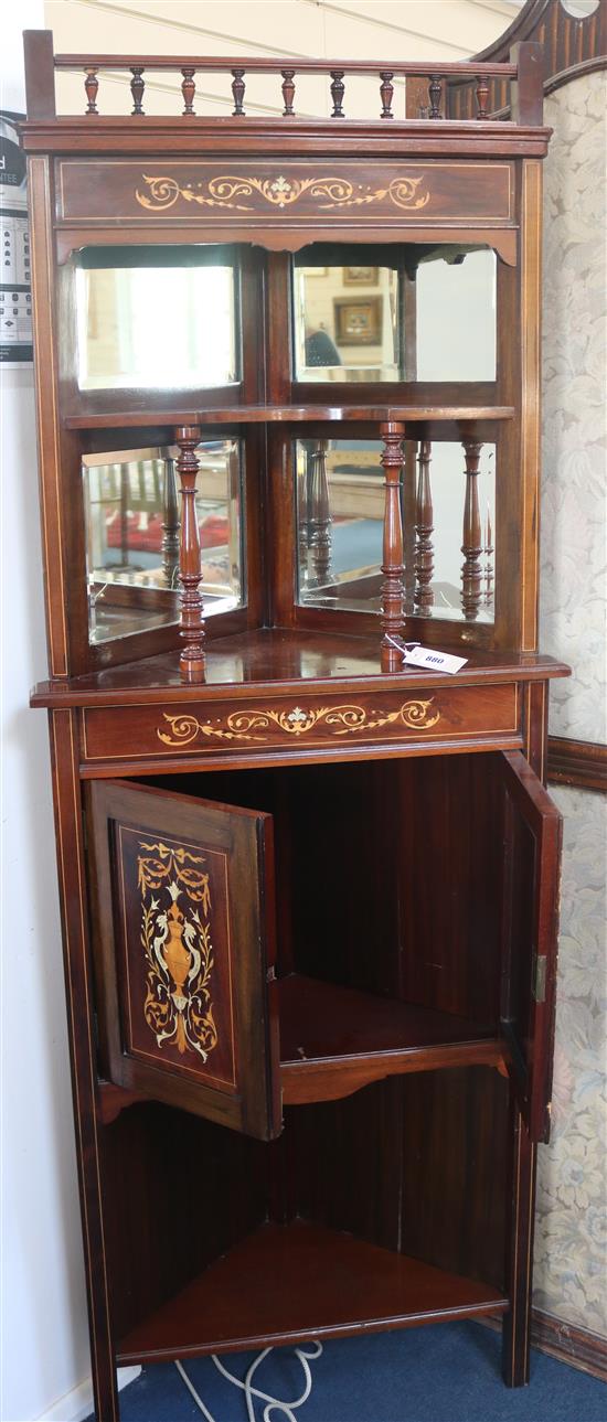 An Edwardian mahogany and marquetry corner cupboard, H.172cm